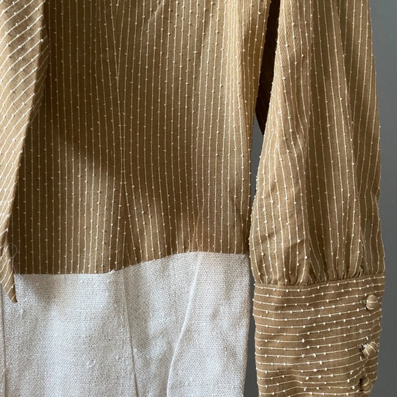 60s/70s Size S Mini Dress Neck Tie Linen Skirt Gold Beige Bodice - Picture 7 of 16